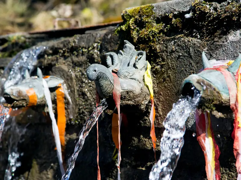 Wasserfontänen aus Tierkopf-Skulpturen.