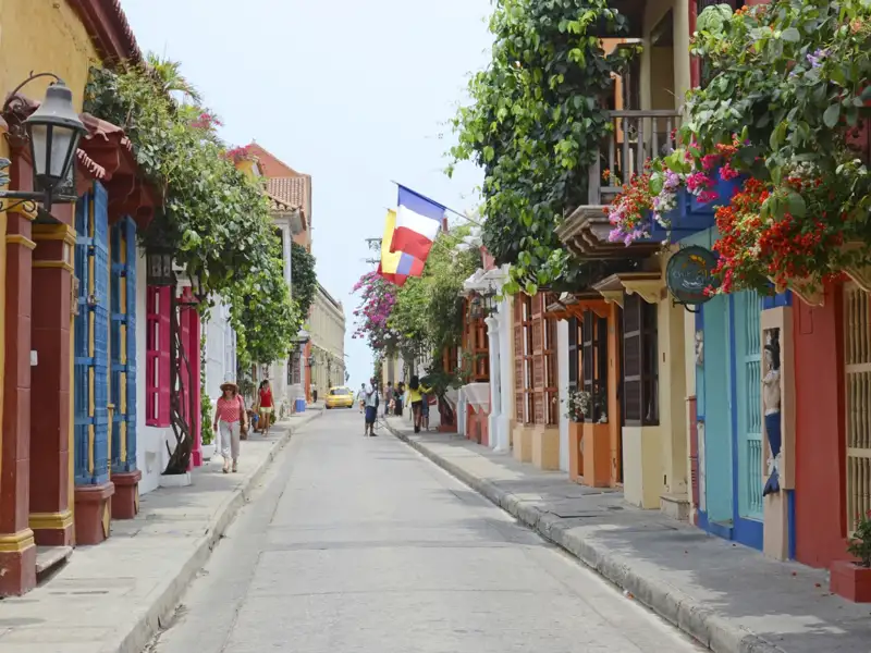 Farbenfrohe Häuserfassaden und blühende Pflanzen entlang einer Straße in Cartagena.