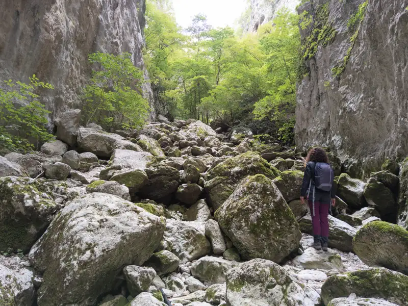 Wanderer in einer engen, felsigen Schlucht mit großen moosbewachsenen Felsen.