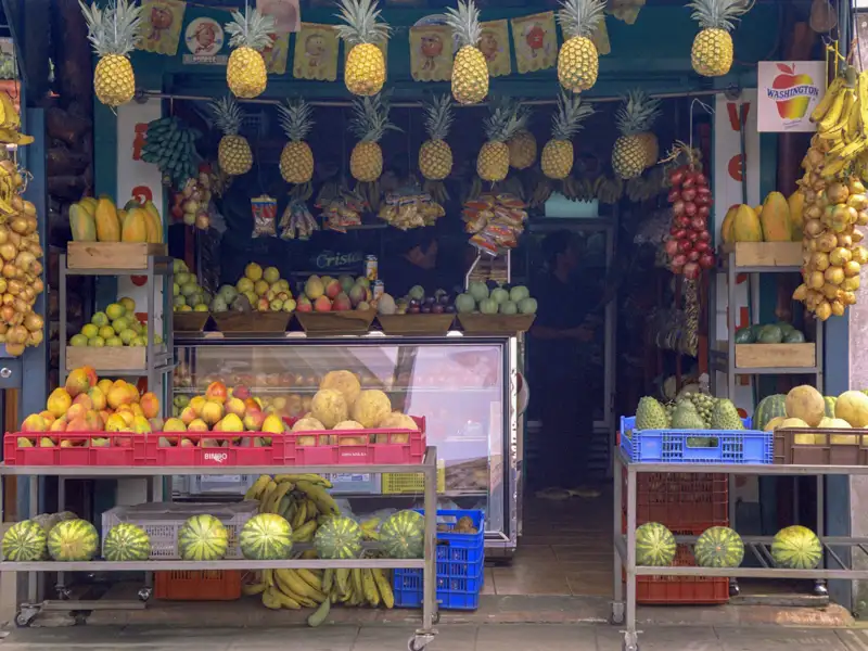 Auslage eines Obststandes mit verschiedenen Früchten.