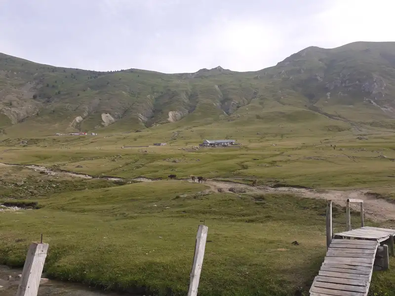 Idyllische Landschaft mit Berghütte und Holzbrücke in einem grünen Tal.