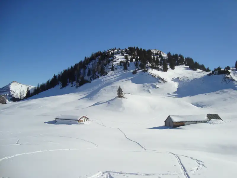 Zwei Hütten in einer verschneiten Berglandschaft mit einem bewaldeten Hügel im Hintergrund.