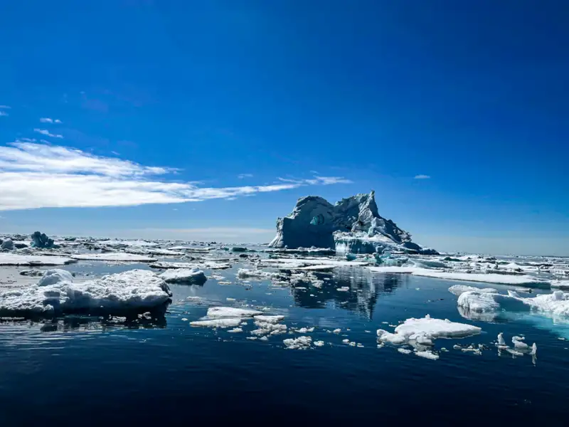 Eisberg und Eisschollen im Meer.