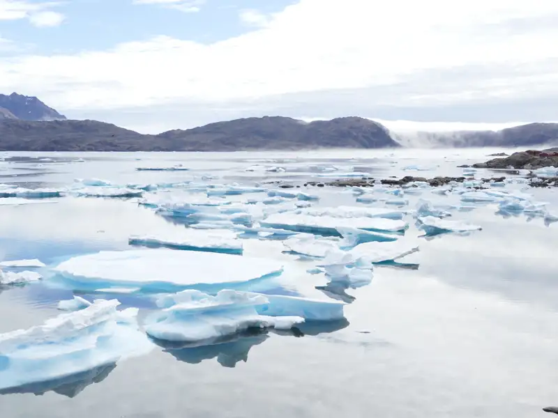 Eisschollen treiben im Wasser vor der Küste, was die Auswirkungen der Reise auf die polare Umgebung zeigt.