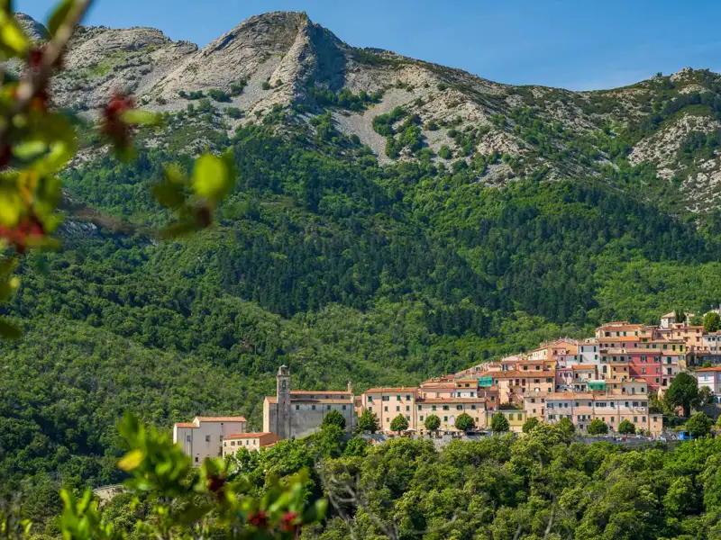 Blick auf ein Bergdorf mit bunten Häusern und bewaldeten Hängen.