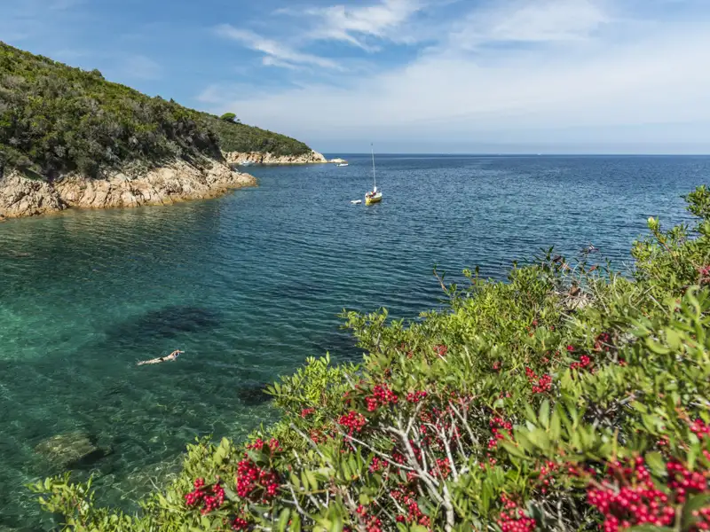 Schnorcheln im kristallklaren Wasser einer Bucht. Ein Segelboot im Hintergrund.