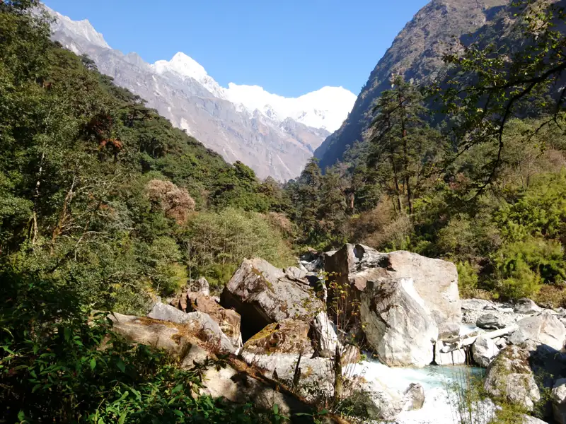 Gebirgsbach und schneebedeckte Gipfel im Himalaya.