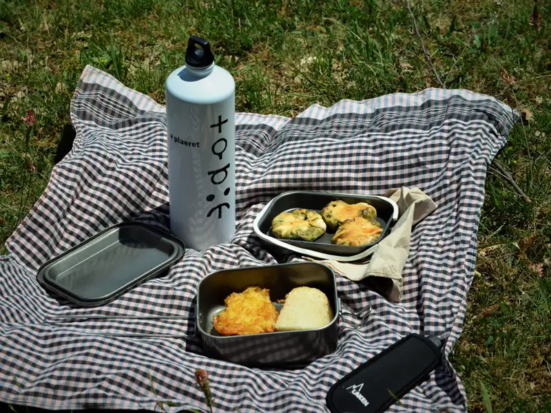 Picknickausrüstung mit zubereiteten Speisen und Getränken, ausgebreitet auf einer Decke im Gras.
