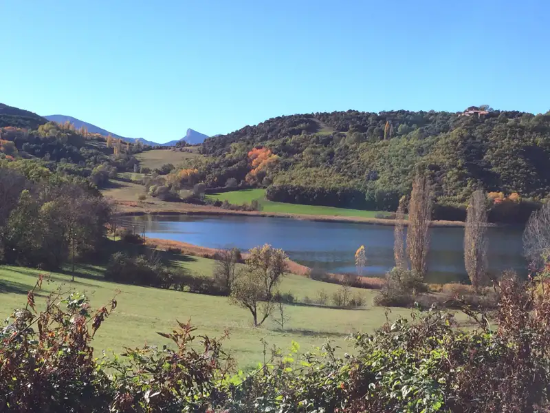 Blick auf einen See in einer hügeligen Landschaft im Herbst.