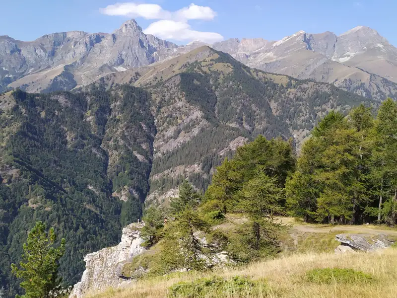 Panoramablick auf die Berge mit bewaldeten Hängen und felsigen Gipfeln.