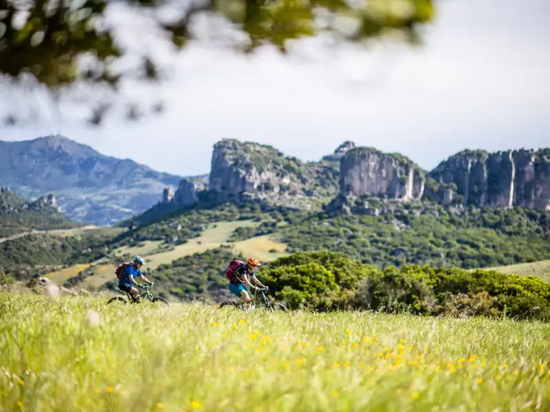 Zwei Mountainbiker auf einer Tour durch eine Berglandschaft.