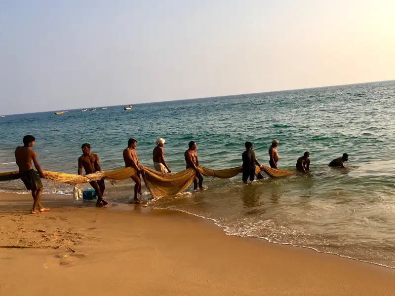 Fischer ziehen ein Fischernetz an Land.