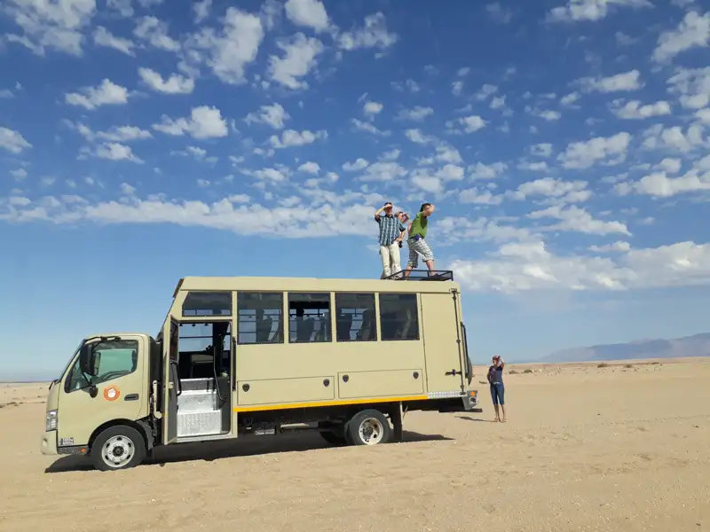 Safari-Teilnehmer auf dem Dach eines Busses zur Tierbeobachtung.