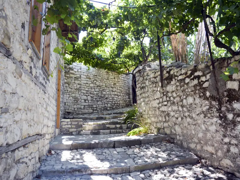 Steinmauern und Treppen in einer Gasse, überdacht von Weinreben.