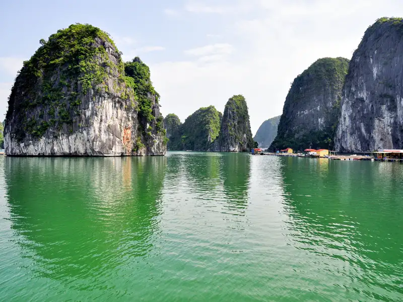 Panorama der Kalksteininseln und des ruhigen Wassers der Halong-Bucht.