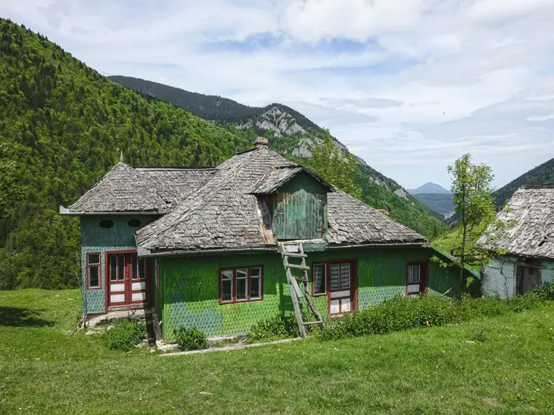 Grünes Haus mit Schindeldach und Leiter in einer bergigen Landschaft.