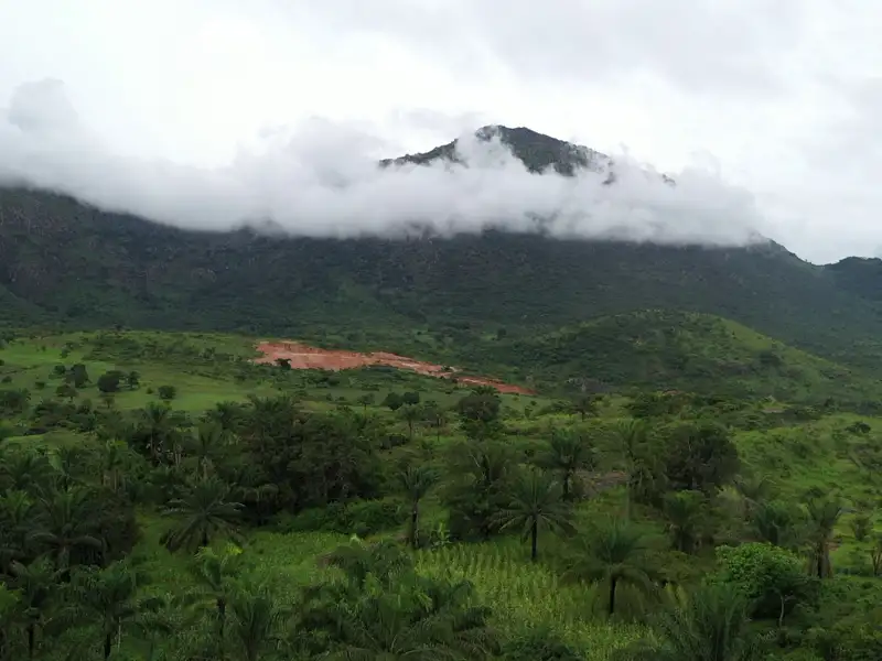 Grüne Landschaft mit bewaldeten Hügeln und Bergen im Hintergrund, teilweise von Wolken bedeckt.