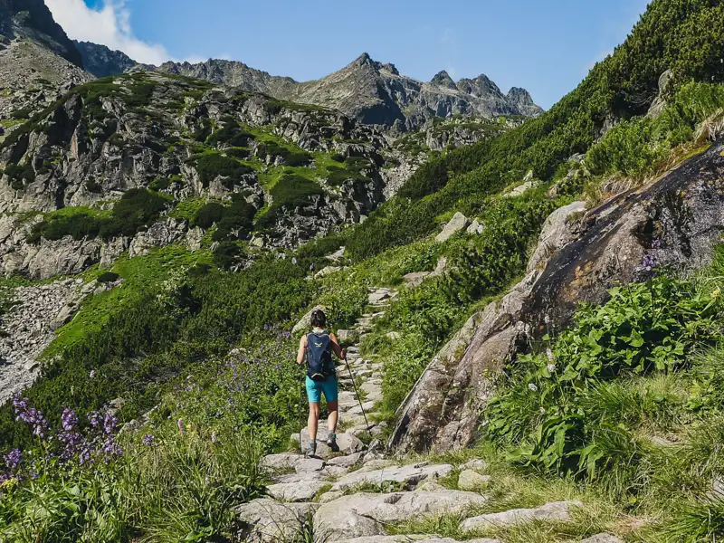 Wanderer auf einem steinigen Pfad in den Bergen.