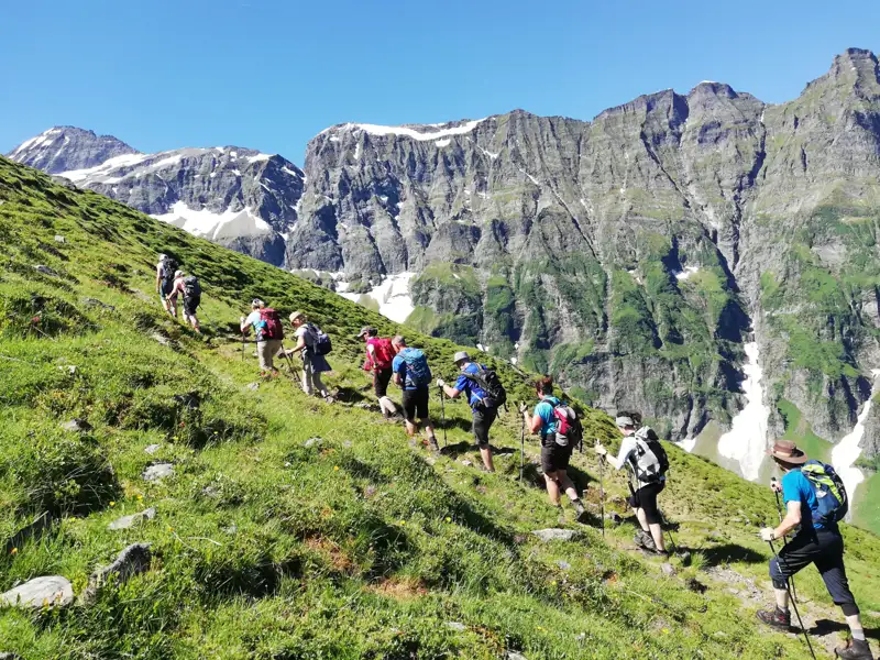 Wanderer mit Stöcken auf einem Bergpfad.