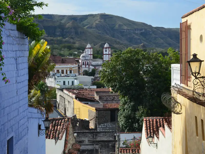 Blick über die Dächer der Stadt auf eine Kirche mit zwei Türmen vor dem Hintergrund der umliegenden Landschaft.