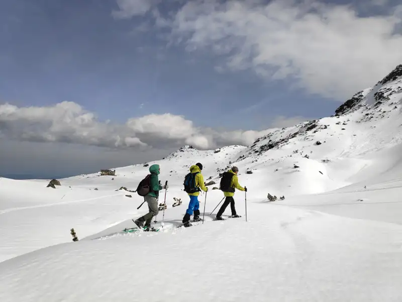 Drei Personen auf Schneeschuhen wandern durch den Schnee in den Bergen.