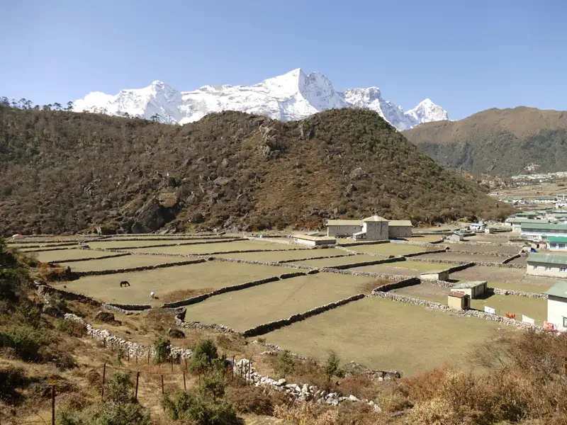 Terrassierte Felder und Gebäude vor der Kulisse schneebedeckter Berge.