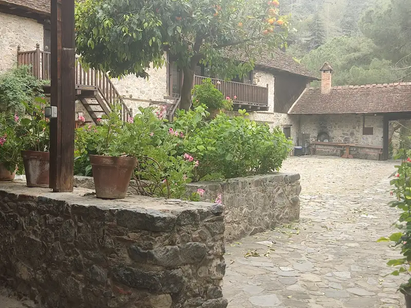 Gepflasterter Innenhof eines steinernen Gebäudes mit Pflanzen und Bäumen.