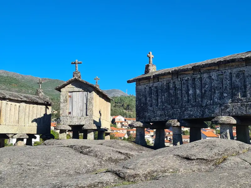 Hórreos, typische galicische Getreidespeicher, errichtet auf Felsen.