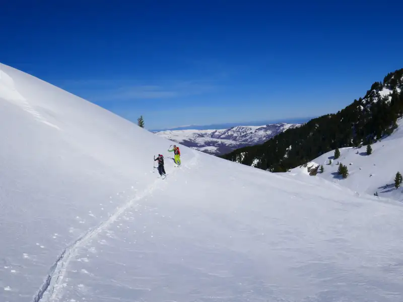 Zwei Personen auf Skitour im Aufstieg eines verschneiten Hangs.