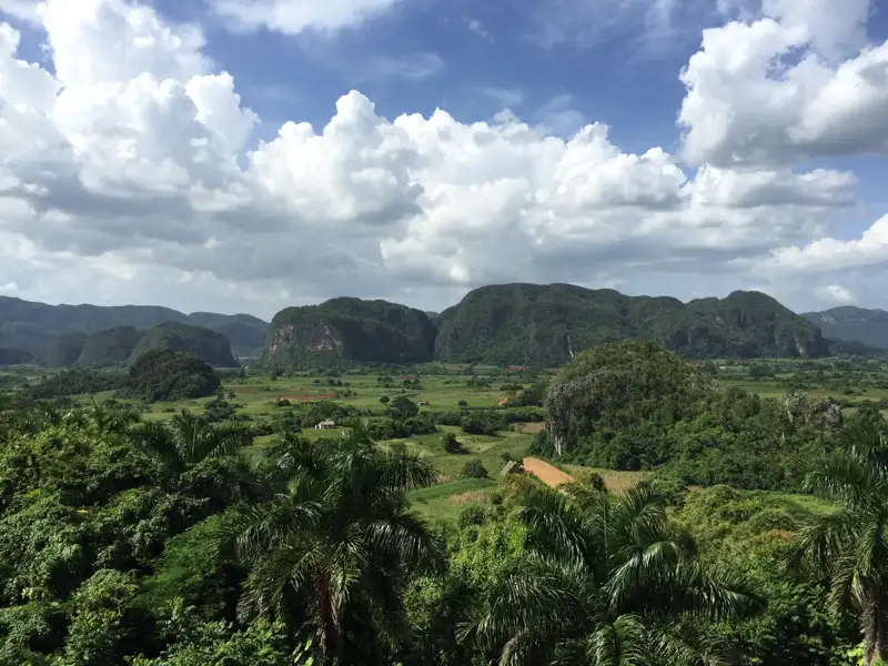 Landschaft des Viñales-Tals mit den charakteristischen Mogotes-Hügeln.
