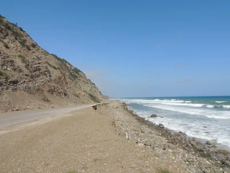 Blick über die Dächer einer Küstenstadt auf die Bucht und die bewaldeten Hügel.