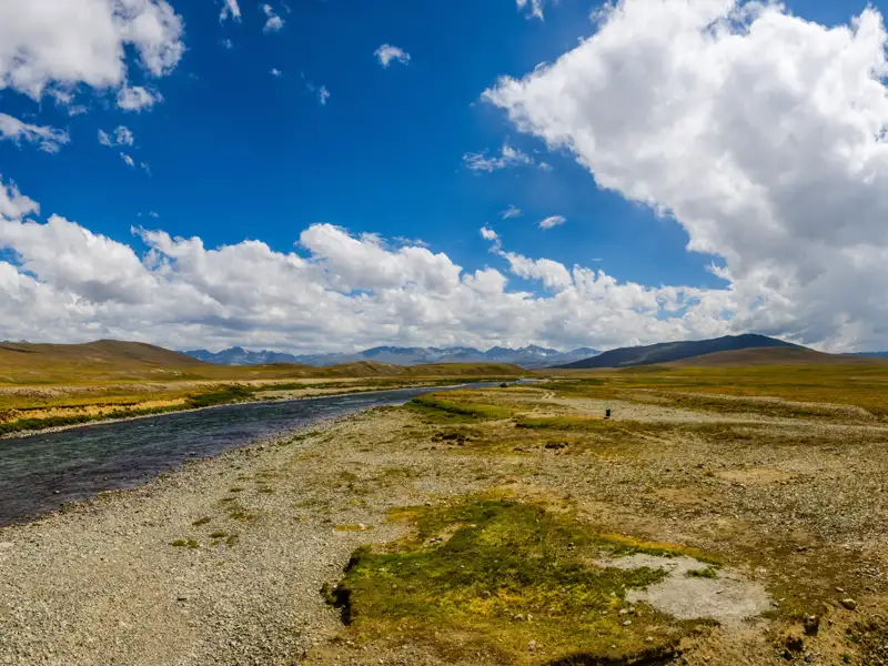 Flusslandschaft mit Bergen im Hintergrund und spärlicher Vegetation.