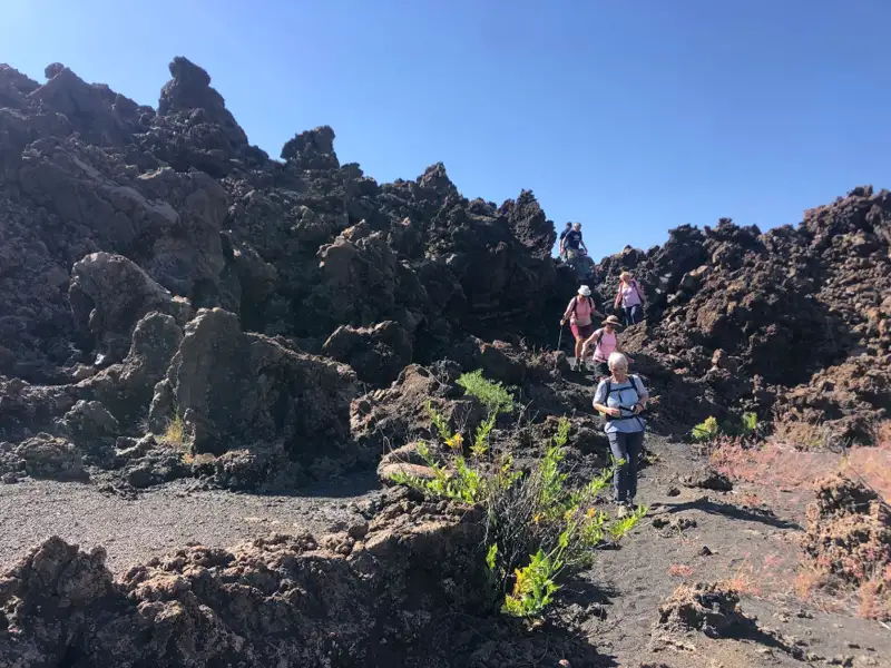 Wandergruppe auf einem Lavafeld.