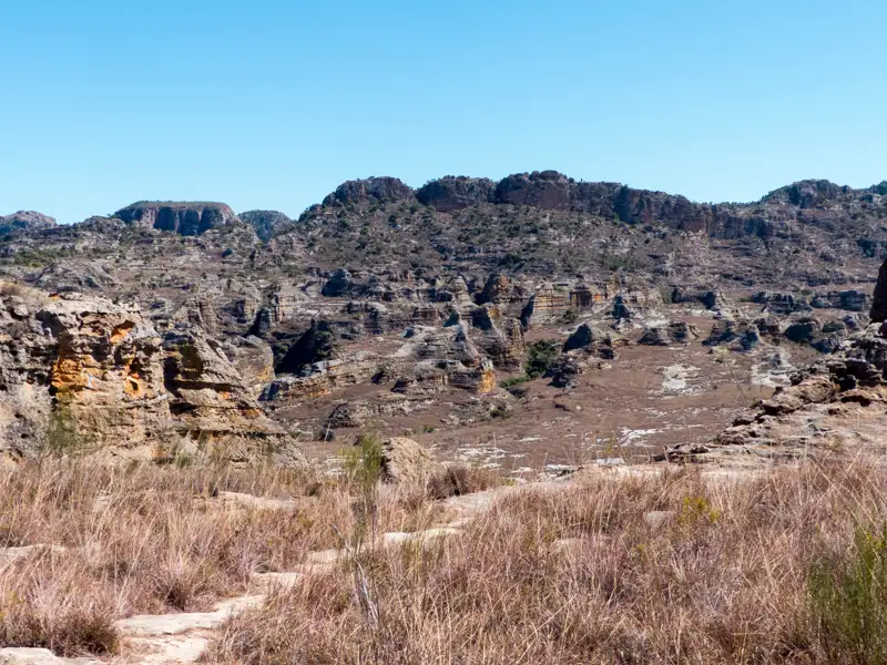 Felsige Landschaft mit trockener Vegetation.