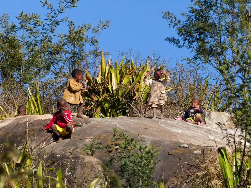 Kinder spielen auf einem Felsen in der Natur.