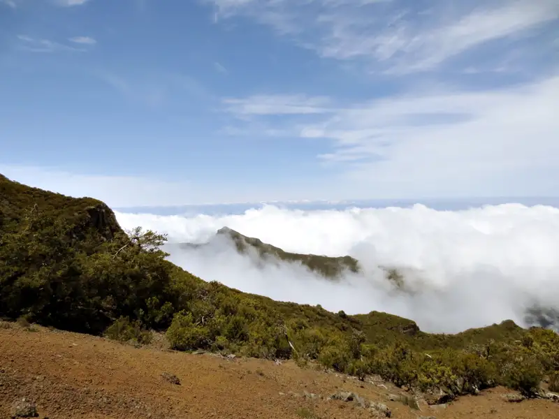 Aussicht von einem Bergpfad auf ein Wolkenmeer.