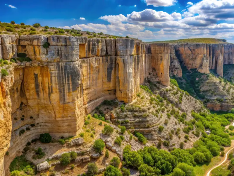 Mächtige Felswände und grüne Vegetation in einer Schlucht.