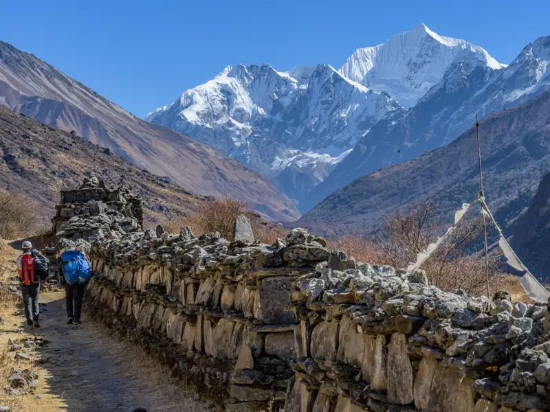 Wanderer auf einem Bergpfad mit Blick auf schneebedeckte Gipfel.