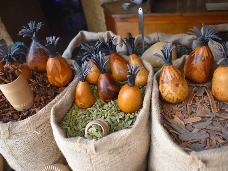 Auslage verschiedener Gewürze wie Sternanis, Kardamom und Zimt in Säcken, dekoriert mit verzierten Kürbissen.
