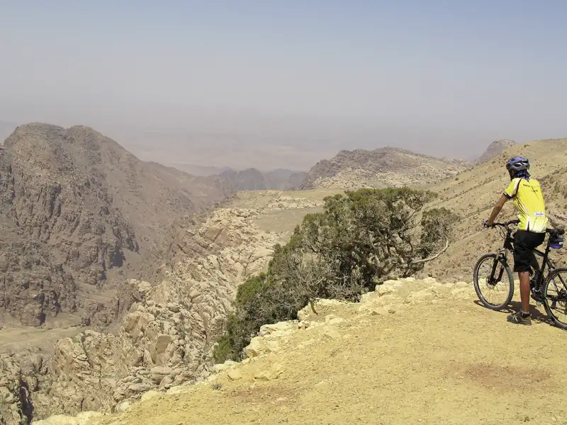 Mountainbiker mit Helm und Fahrrad am Rande einer Klippe mit Blick auf eine Wüstenschlucht.
