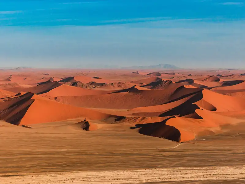Ausgedehnte rote Sanddünenlandschaft unter blauem Himmel.