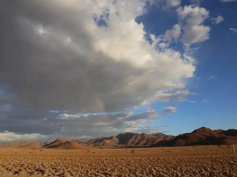 Regenbogen über einer Wüstenlandschaft mit Bergen im Hintergrund.