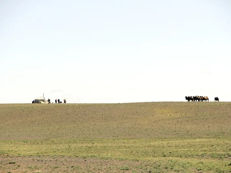Jurte und Kamele in der Steppe, möglicherweise Teil einer Reise durch die Mongolei.