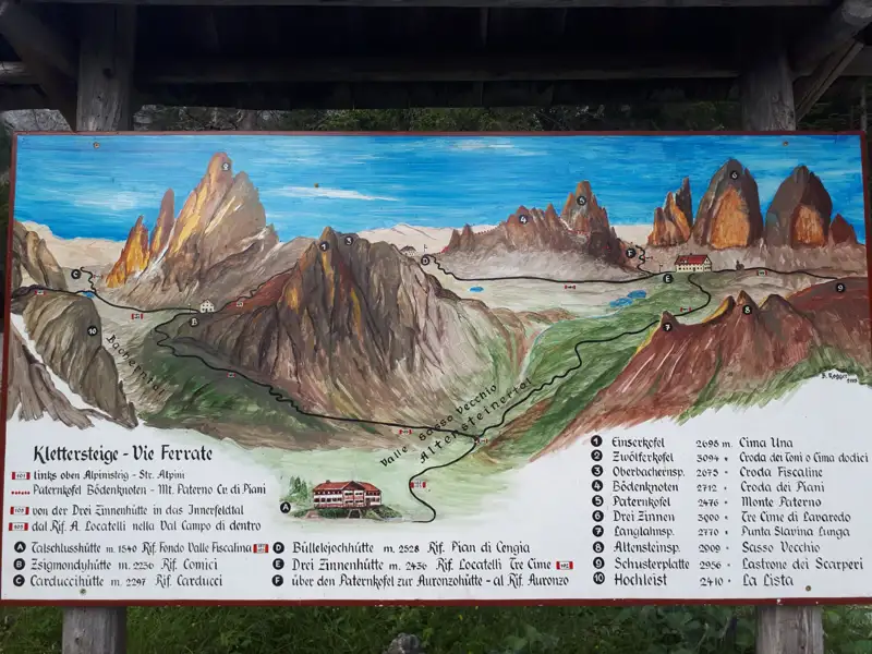 Karte der Klettersteige und Vie Ferrate in den Dolomiten. Einserkofel, Zwölferkofel, Paternkofel und Drei Zinnen sind markiert, sowie Hütten wie die Drei Zinnenhütte und die Talschlusshütte.
