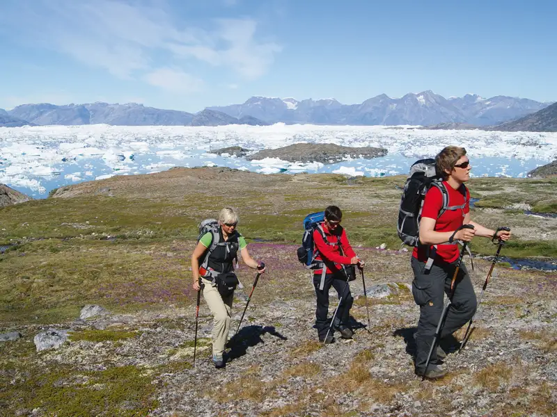 Drei Wanderer mit Trekkingausrüstung wandern durch eine Tundra-Landschaft mit Gletschern und Bergen im Hintergrund.