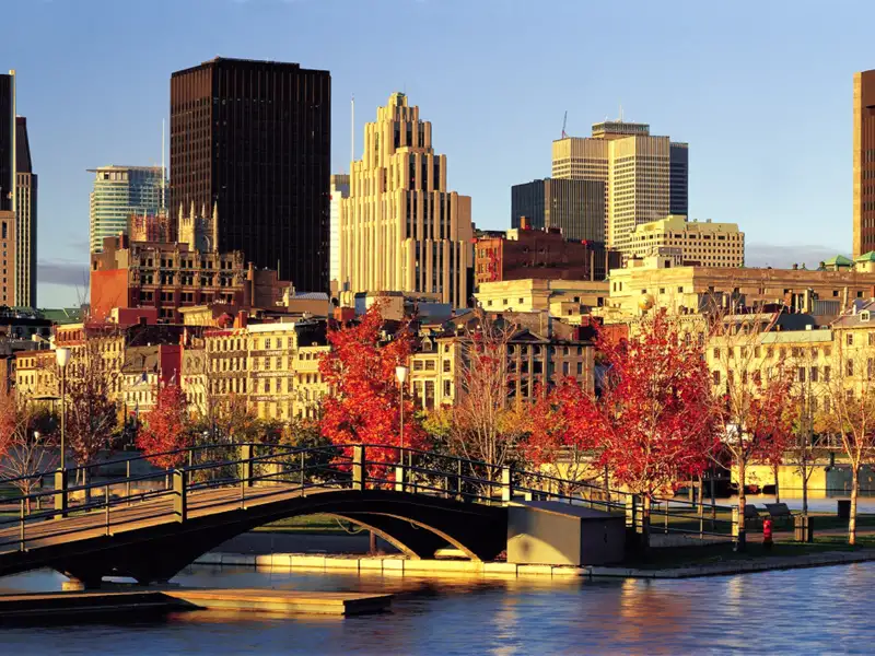 Stadtansicht im Herbst mit Brücke und farbenfrohen Bäumen.