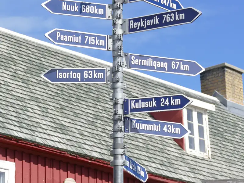 Wegweiser mit Entfernungsangaben zu verschiedenen Zielen in Grönland und Island, darunter Nuuk (680 km), Paamiut (715 km), Isortoq (63 km), Reykjavik (763 km), Sermiligaaq (67 km), Kulusuk (24 km) und Kuummiut (43 km).