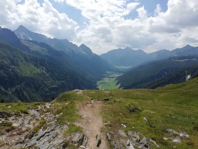 Wanderweg mit Heidelandschaft und Alpenpanorama