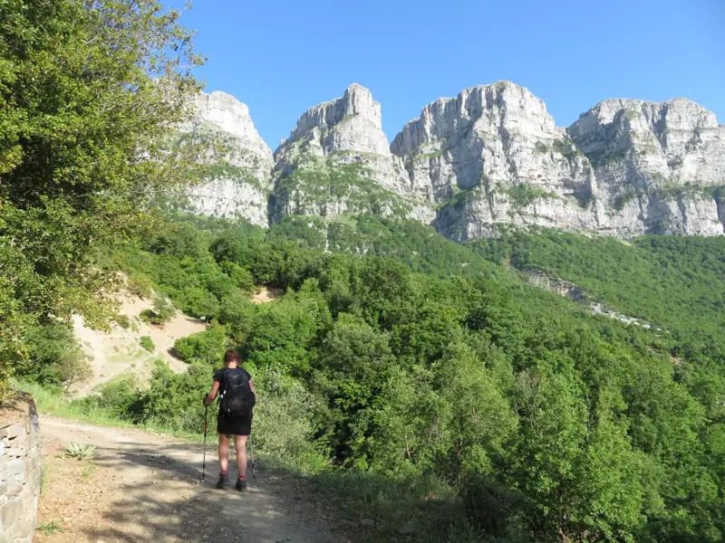 Wanderer mit Trekkingstöcken auf einem Pfad inmitten grüner Landschaft, im Hintergrund hohe, felsige Berge.