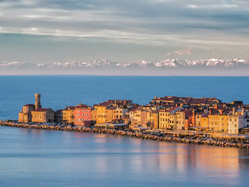 Panorama einer Küstenstadt mit Blick auf die schneebedeckten Alpen.